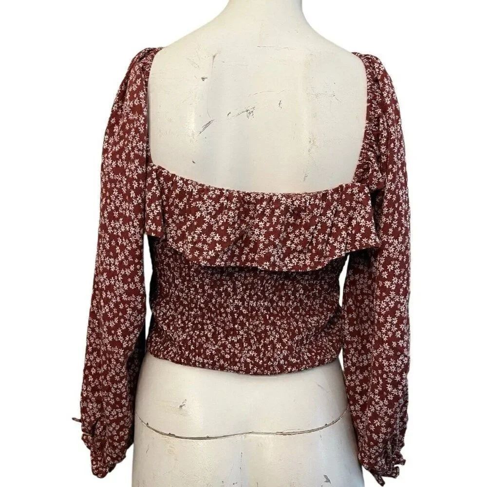 Juniors Large Cropped Top Long Sleeve Elastic Ruffled Top Rust indigo Rising - Picture 2 of 6